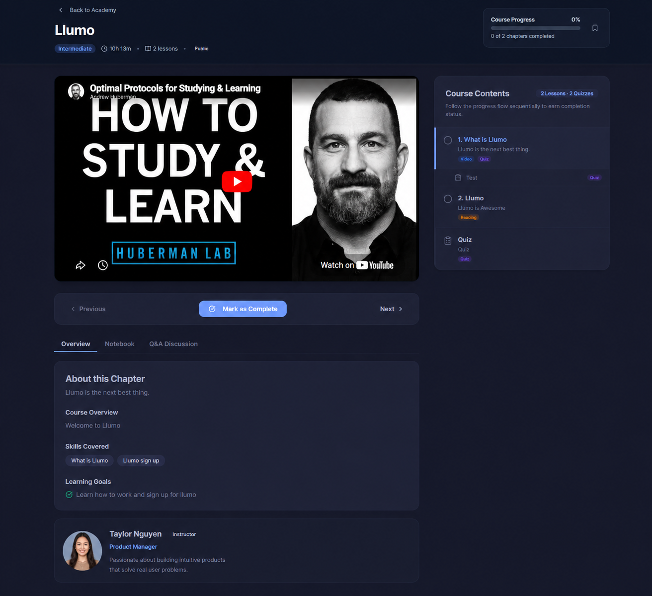 Llumo Academy course viewer with video and sidebar