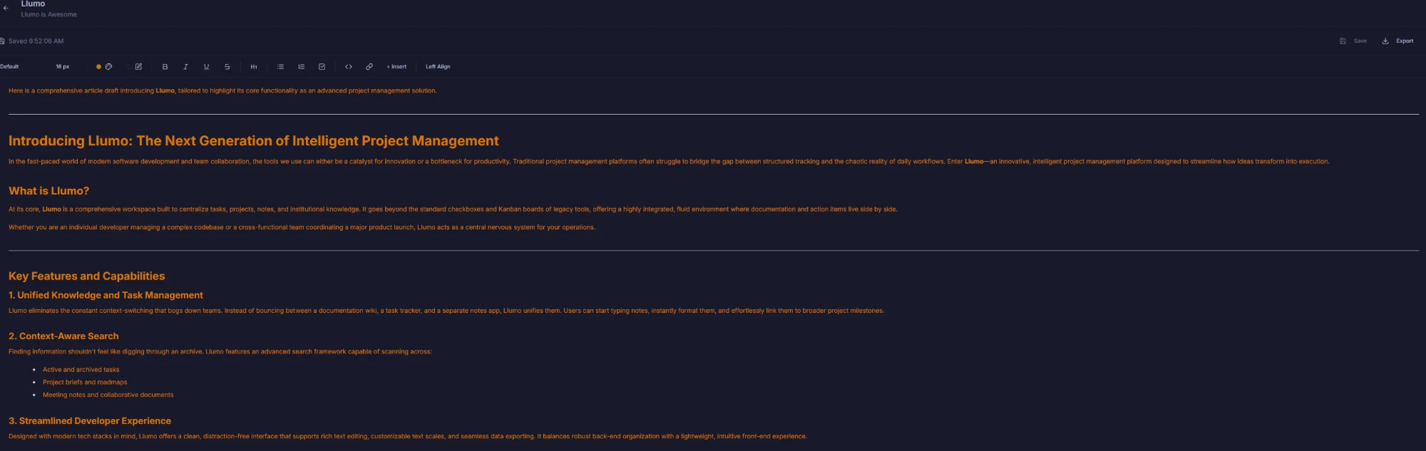Llumo Academy rich text content editor