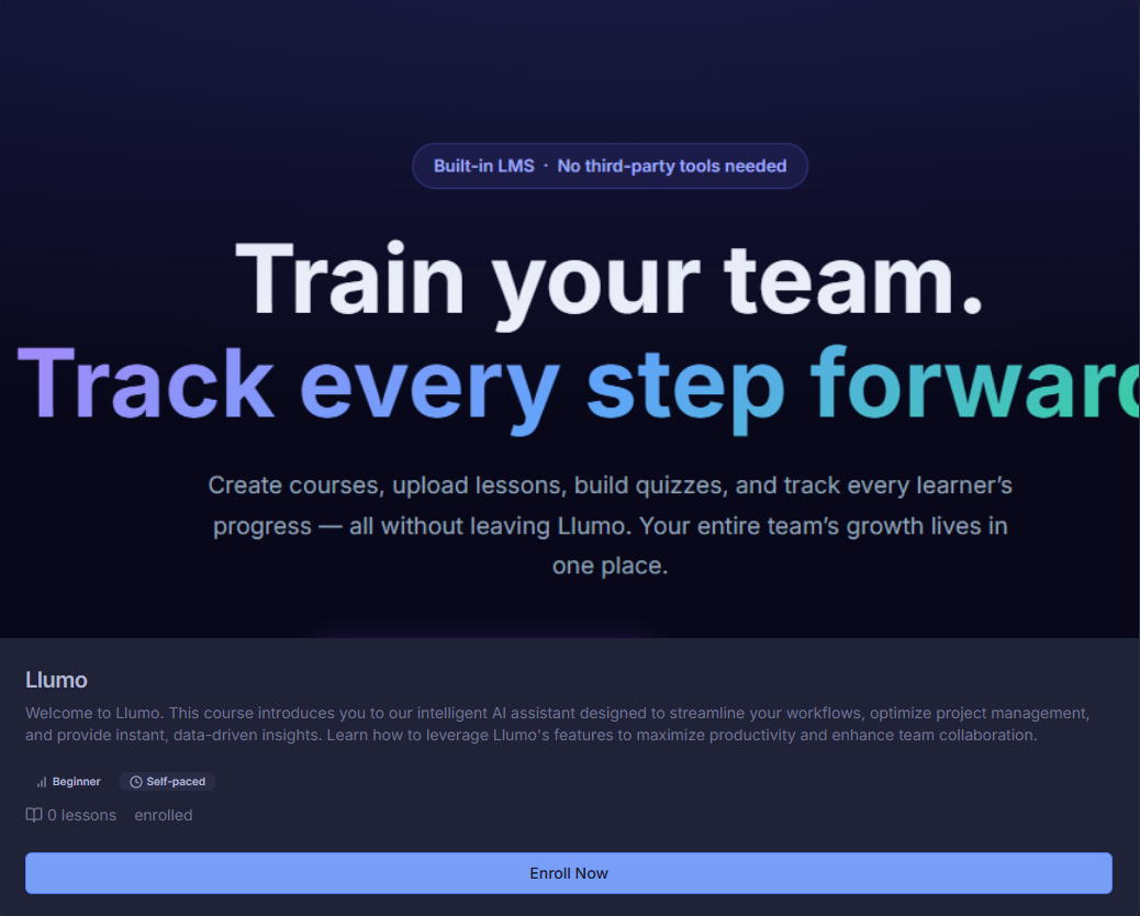 Llumo Academy course enrollment card with Enroll Now button