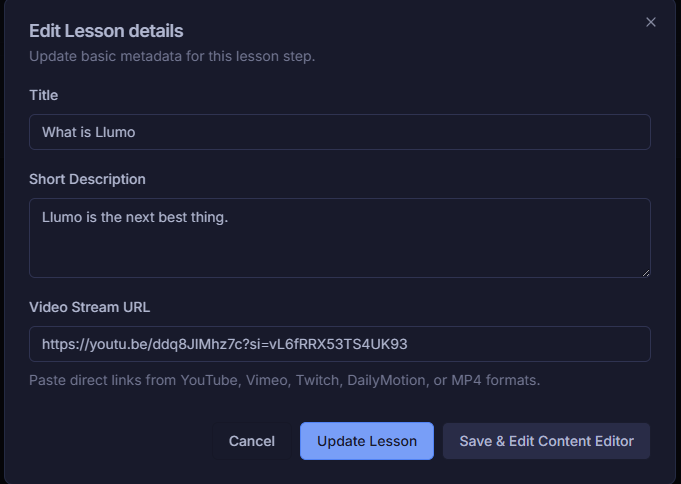 Llumo Academy lesson editor with video URL field