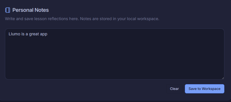 Llumo Academy personal notes notebook tab
