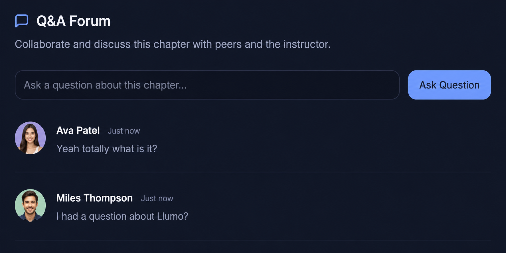 Llumo Academy Q&A forum with peer discussion