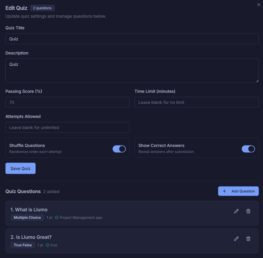Llumo Academy quiz builder with question management
