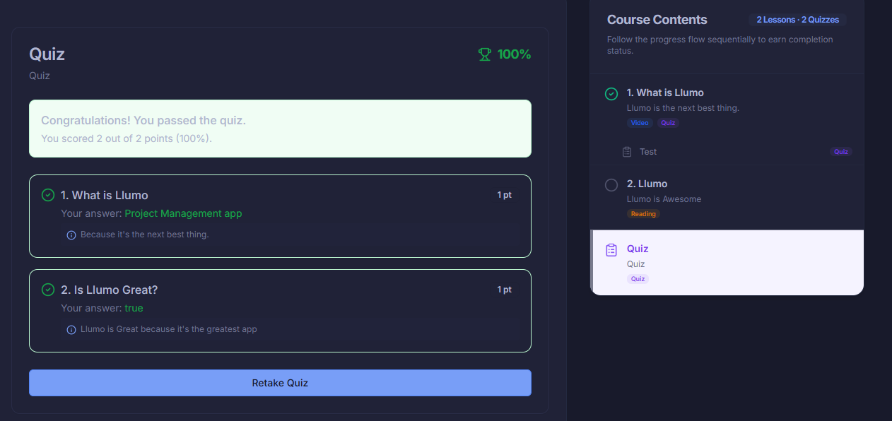 Llumo Academy quiz results with score and answer review
