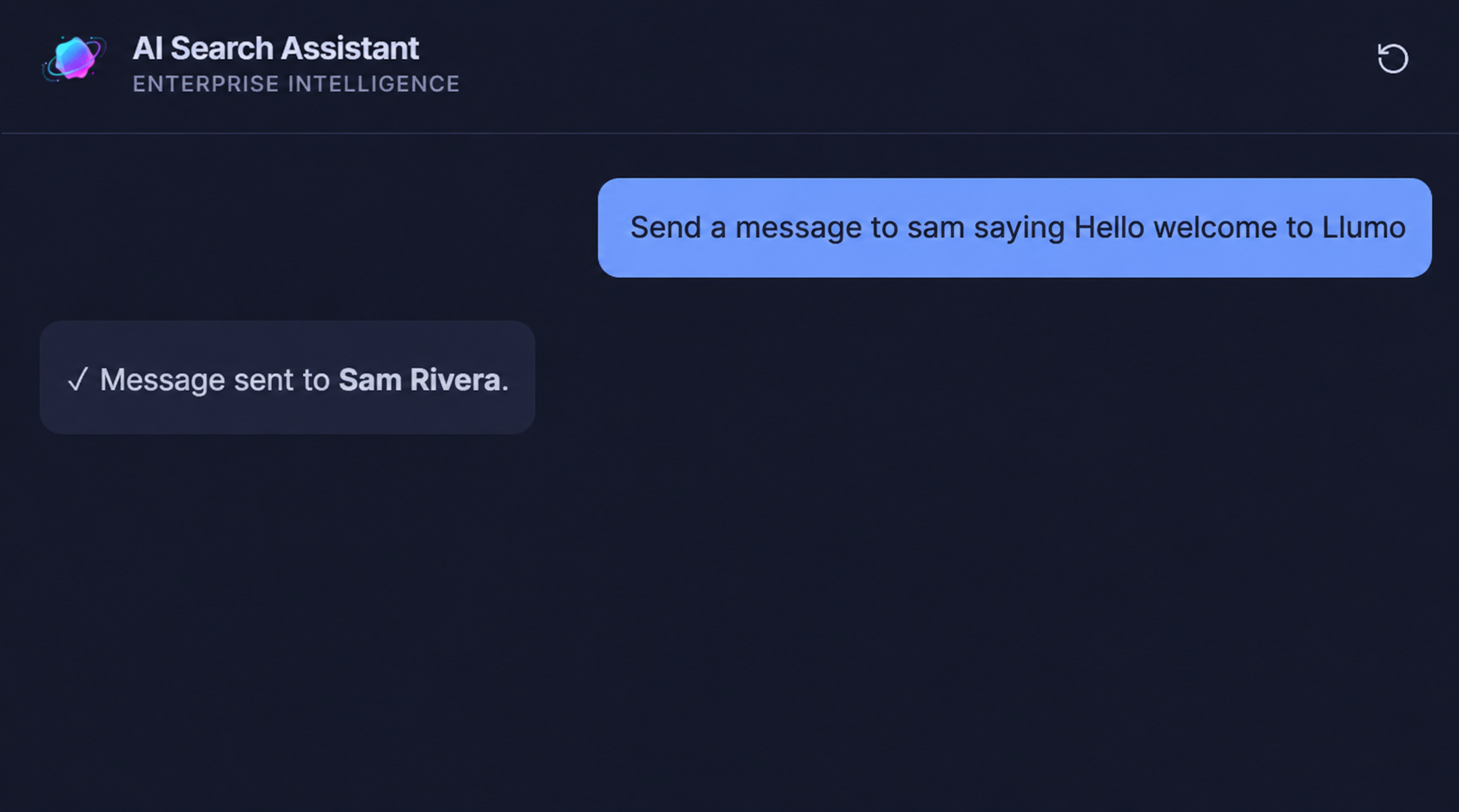 Llumo AI Search Assistant sending a message to a teammate