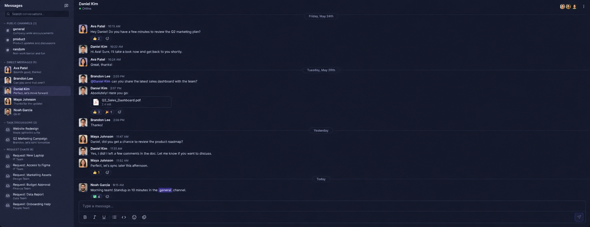 Llumo team chat interface showing channels and direct messages