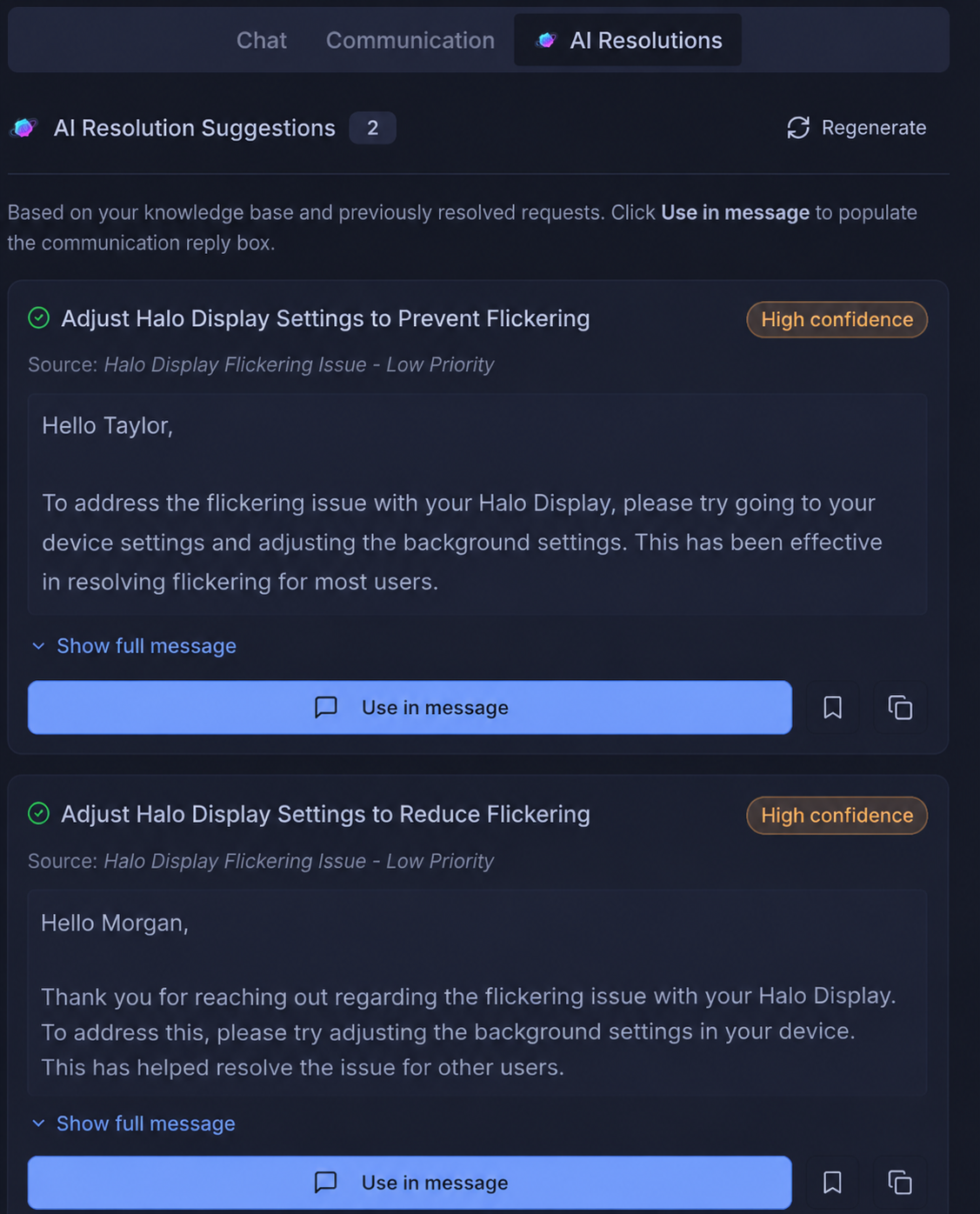 AI resolution suggestions populated from knowledge base and past requests