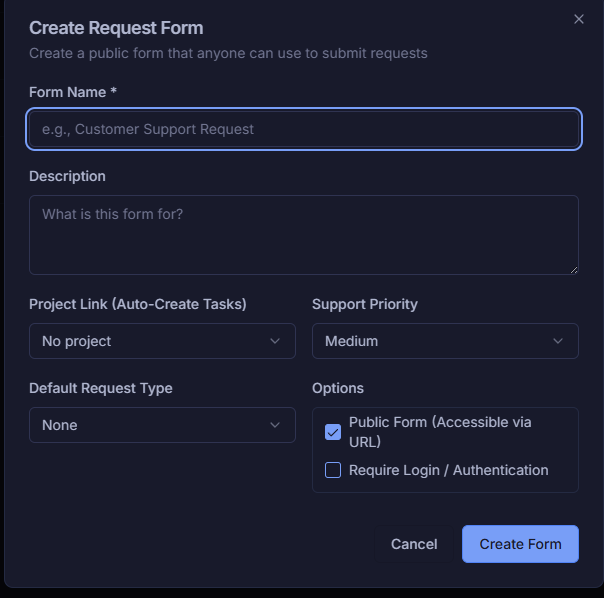 Create request form modal