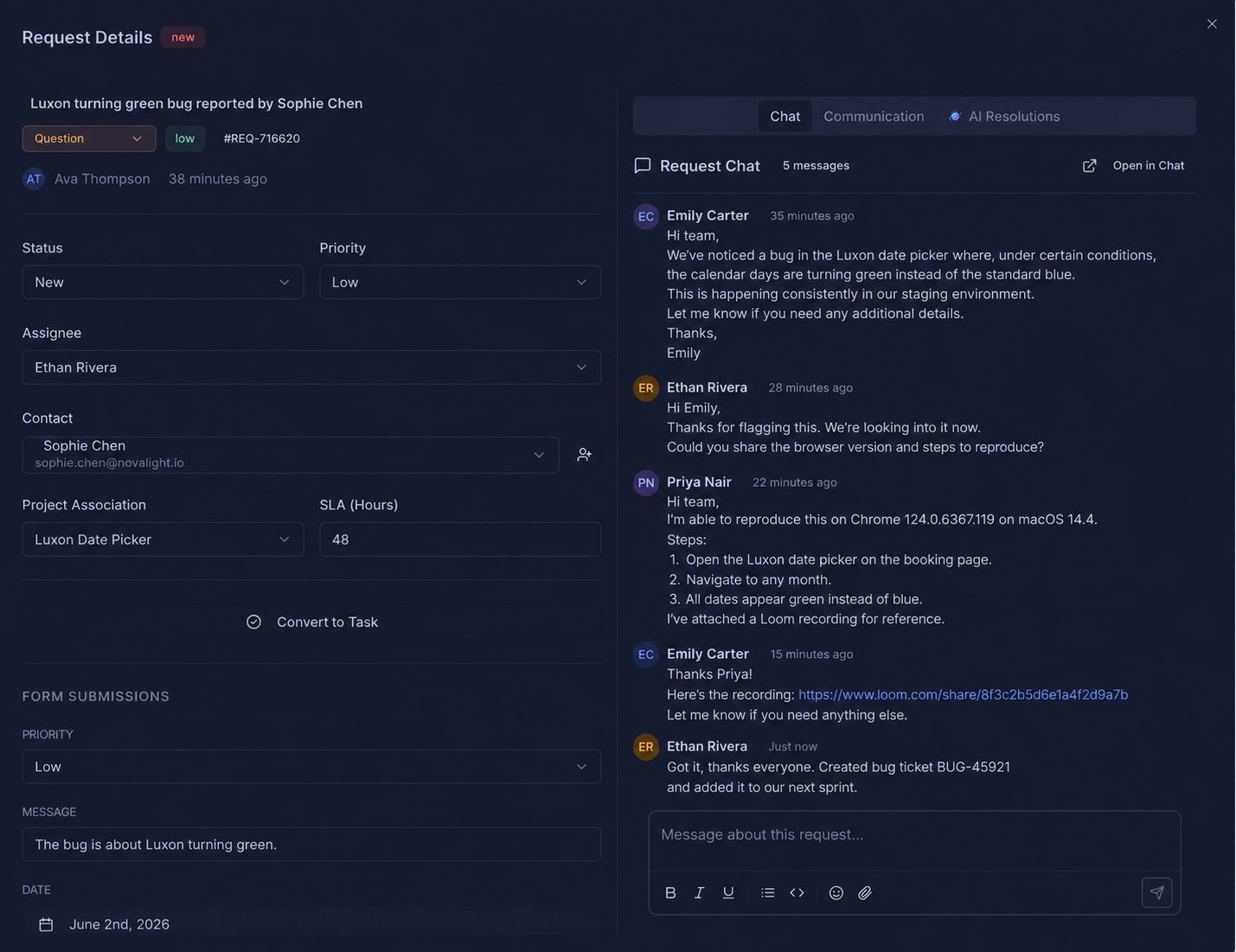 Request detail view with chat