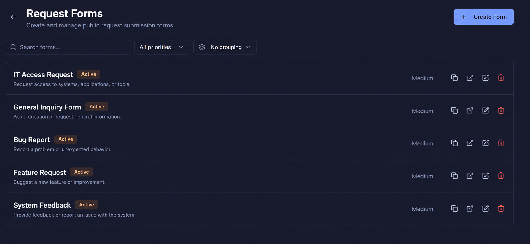 Request forms management list