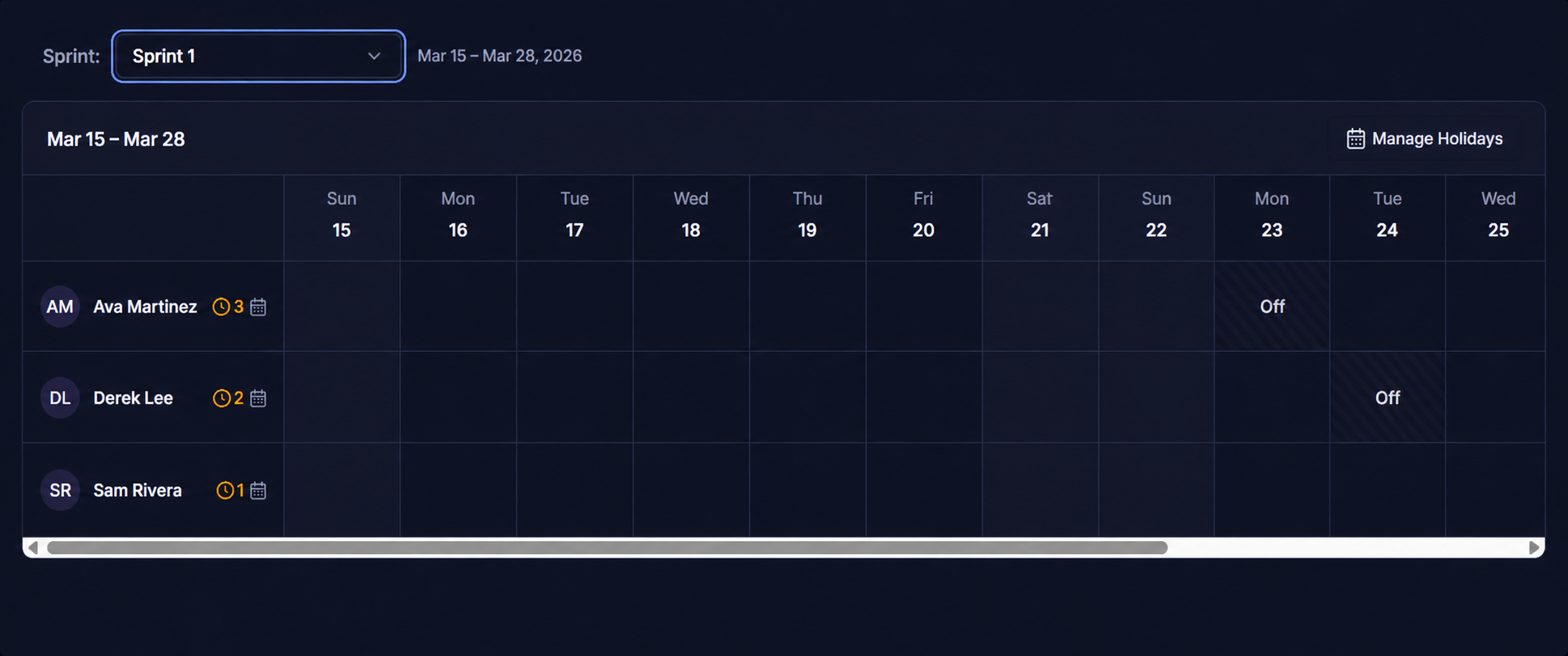 Llumo Scheduler sprint calendar with team availability