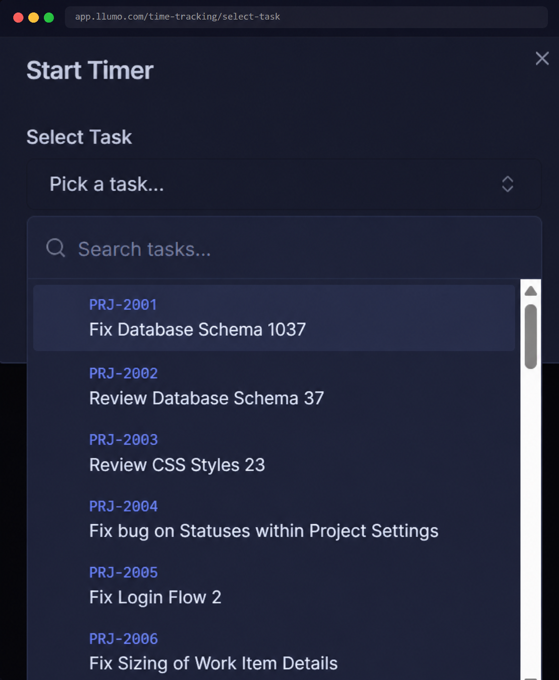 Select task for time tracking